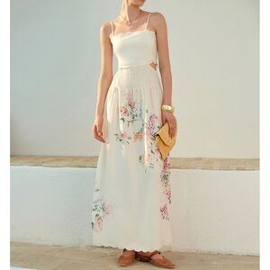 Commense Floral Print Lace-Up Back Sleeveless Dress. Maxi Scalloped. Sz S. NEW